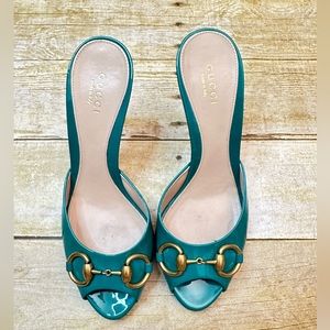 Vintage Gucci Teal Patent New Hollywood Horsebit Platform Mules